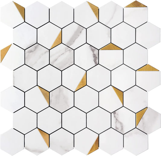 Hexagon PVC Mixed Metal Mosaic Tiles - White Marble with Metal Gold