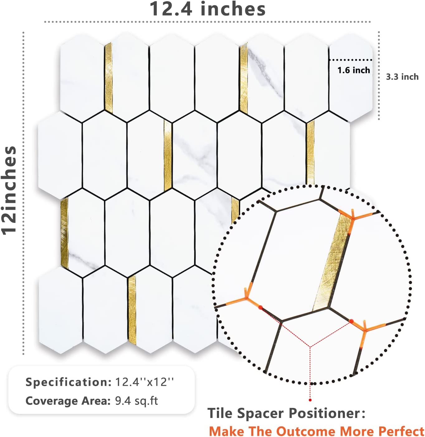 Long Hexagon PVC Mixed Metal Mosaic Tiles - Statuary Marble Look with Gold Metal