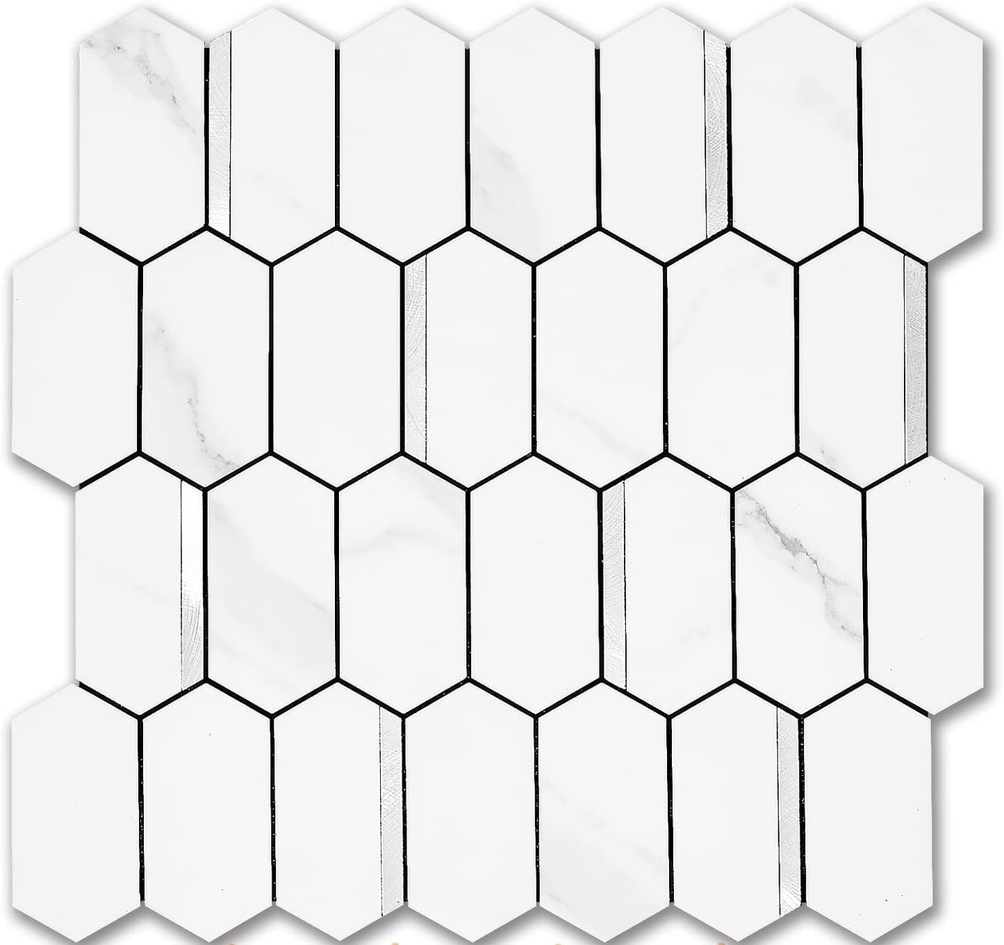 Long Hexagon PVC Mixed Metal Mosaic Tiles -  Statuary Marble Look with Silver White Metal
