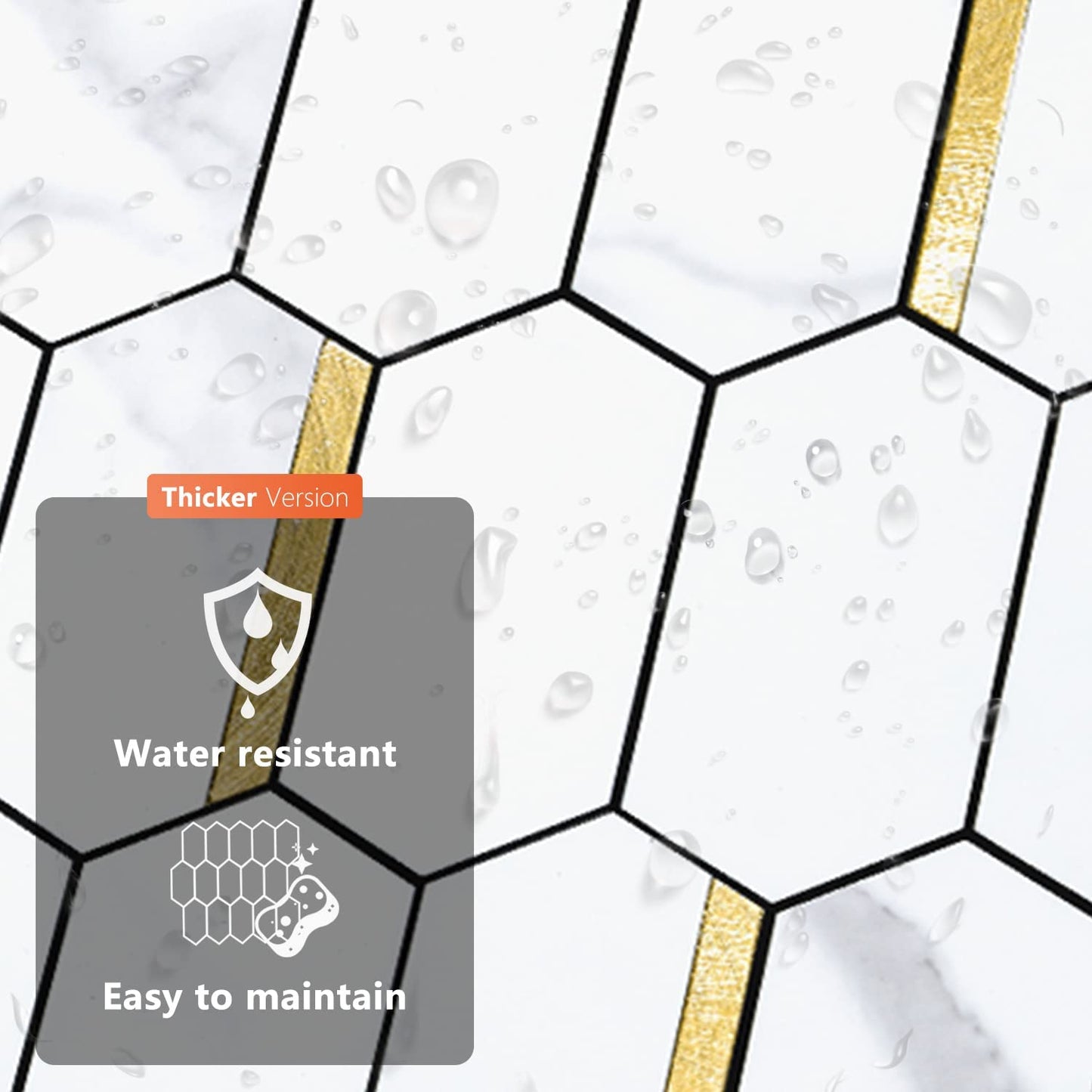 Long Hexagon PVC Mixed Metal Mosaic Tiles - Statuary Marble Look with Gold Metal