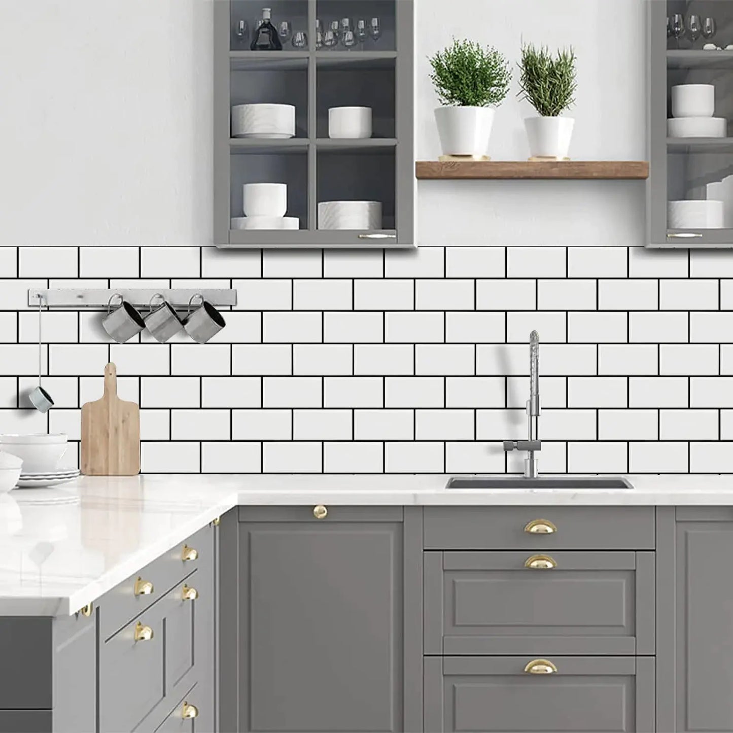 Subway Tile Peel and Stick Backsplash - White with Black Grout