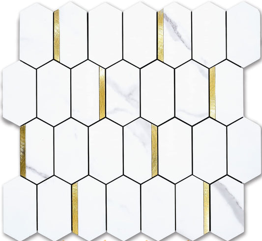 Long Hexagon PVC Mixed Metal Mosaic Tiles - Statuary Marble Look with Gold Metal