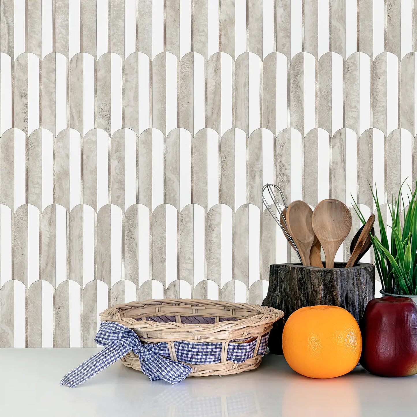 Oval PVC Mixed Metal Mosaic Tile - Beige Slate & White With Gold