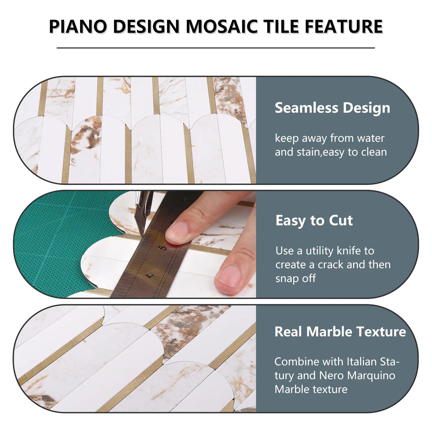 Oval PVC Mixed Metal Mosaic Tile - Marble Gold & White With Gold