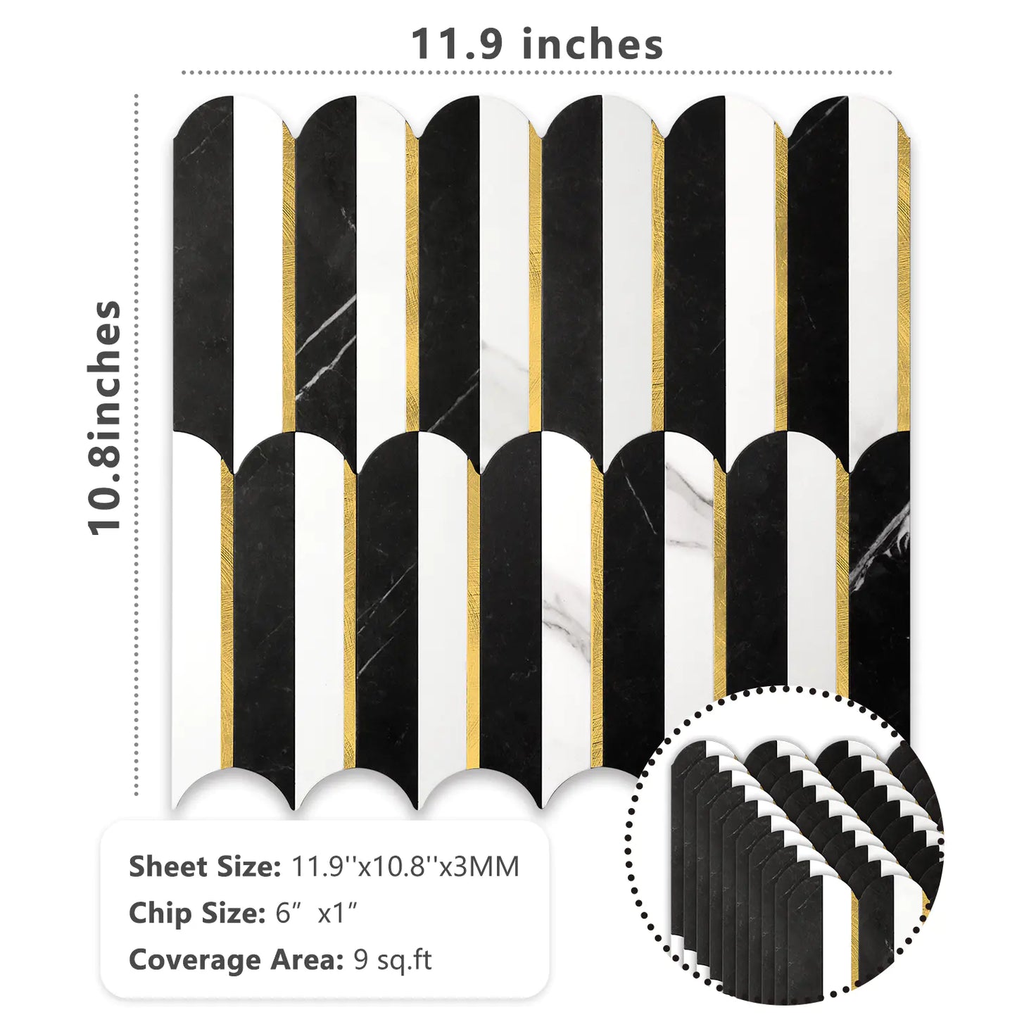 Oval PVC Mixed Metal Mosaic Tile - Black & White Marble With Gold