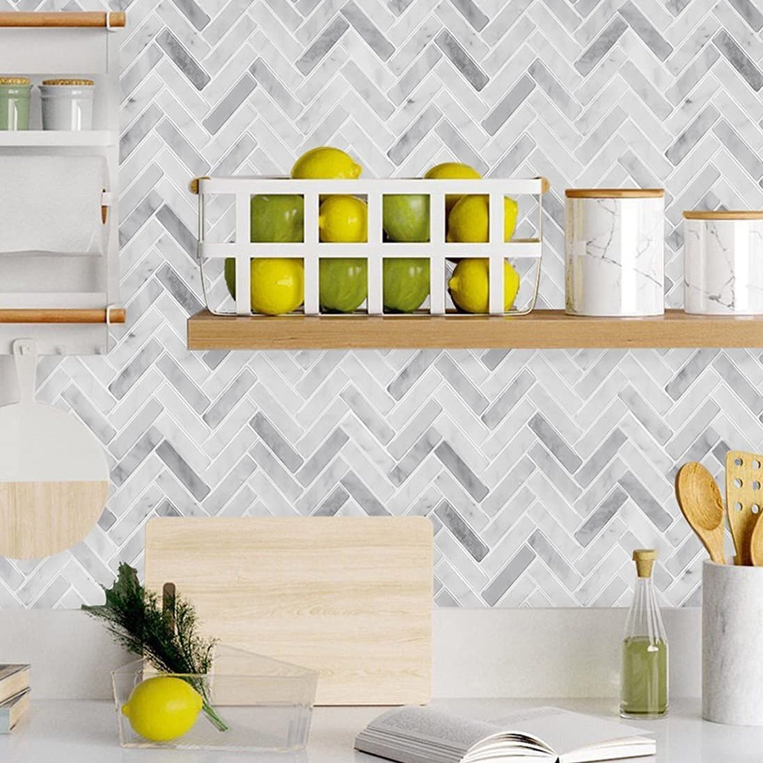 Carrara Marble Look Herringbone Tile - Marble Gray