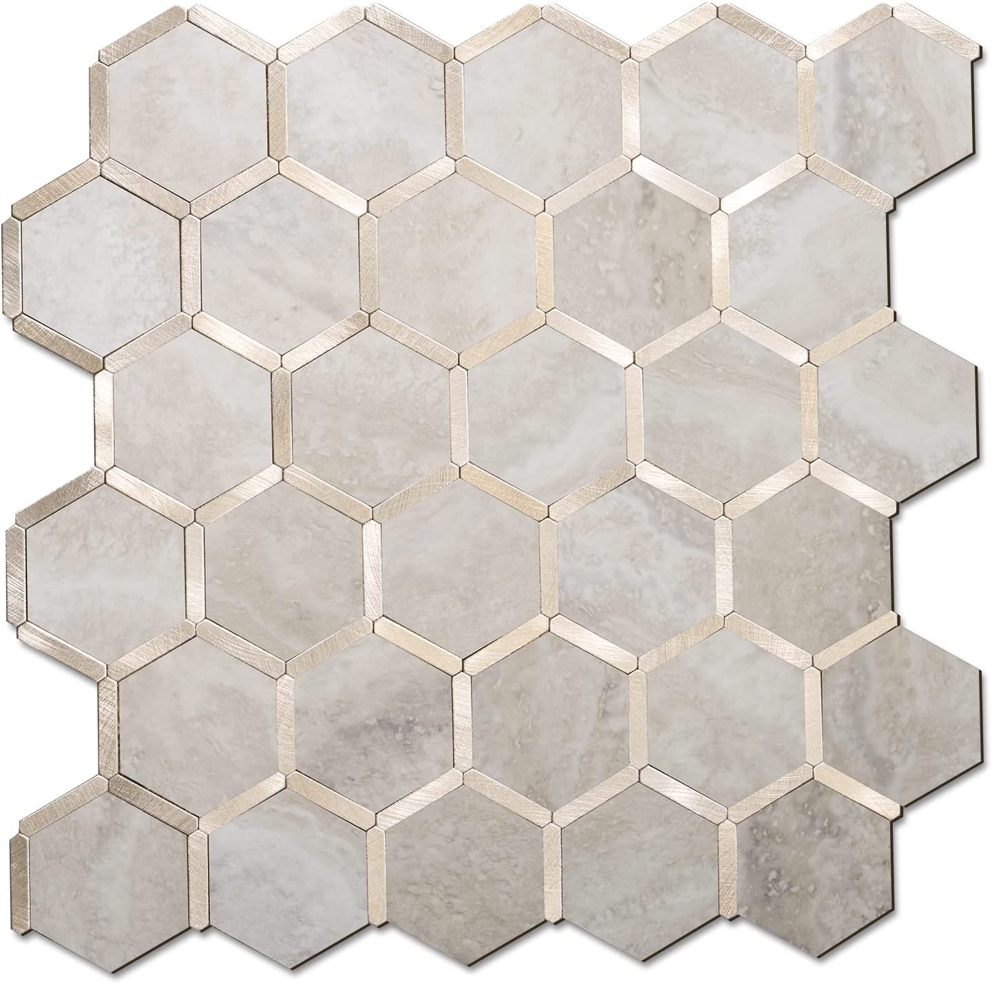 Hexagon Faux Stone Mixed Metal - Beige Marble with Metal Gold