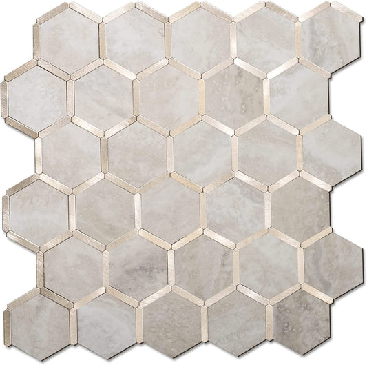 Hexagon Faux Stone Mixed Metal - Beige Marble with Metal Gold
