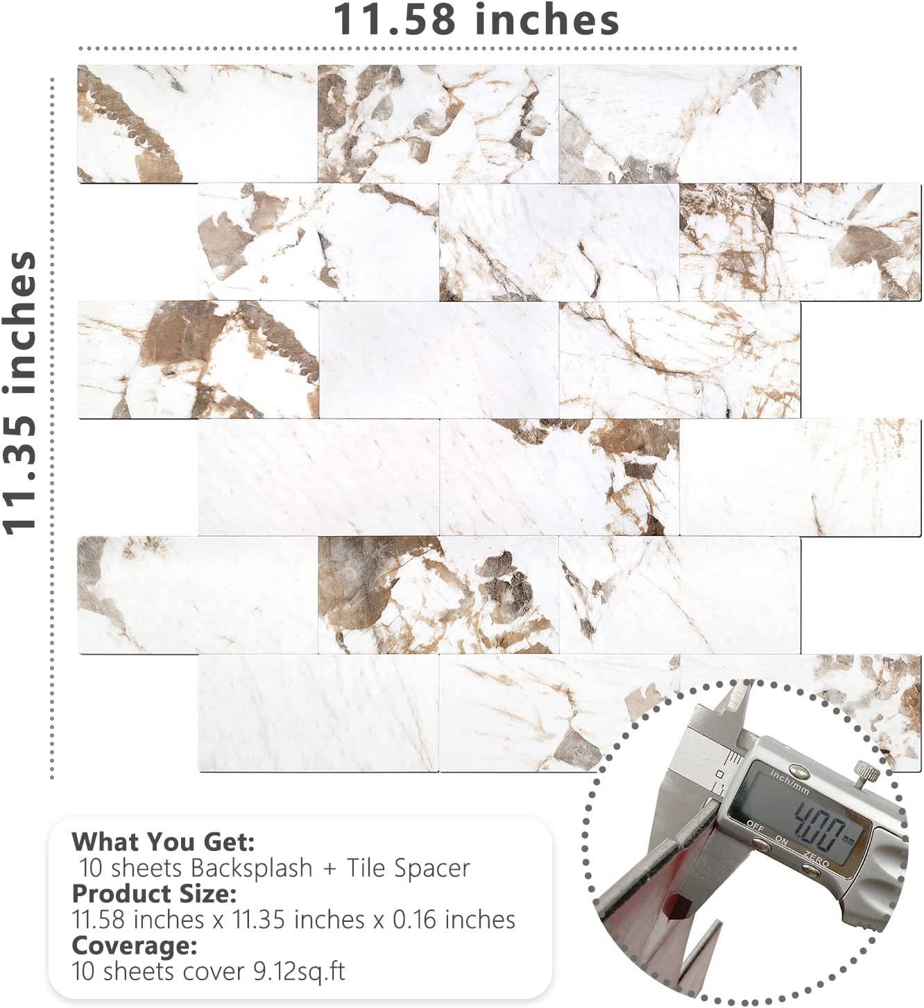 2''x4'' Subway Peel and Stick Tiles Sheeted - Belgium White Marble
