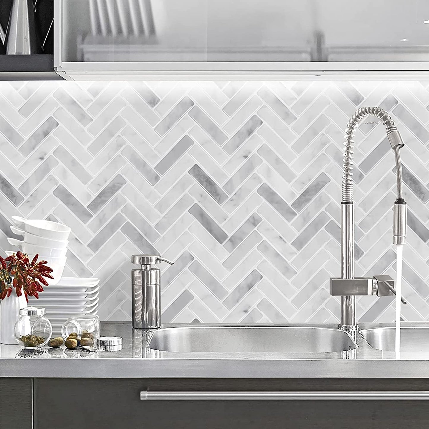Carrara Marble Look Herringbone Tile - Marble Gray