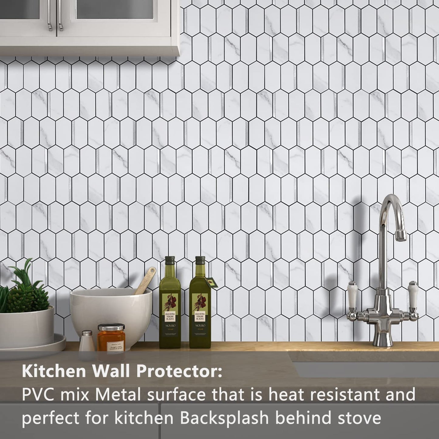 Long Hexagon PVC Mixed Metal Mosaic Tiles -  Statuary Marble Look with Silver White Metal