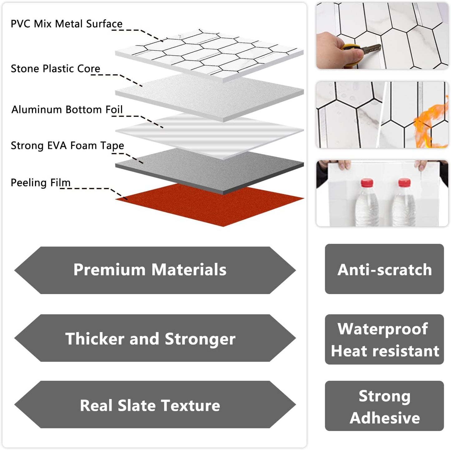 Long Hexagon PVC Mixed Metal Mosaic Tiles -  Statuary Marble Look