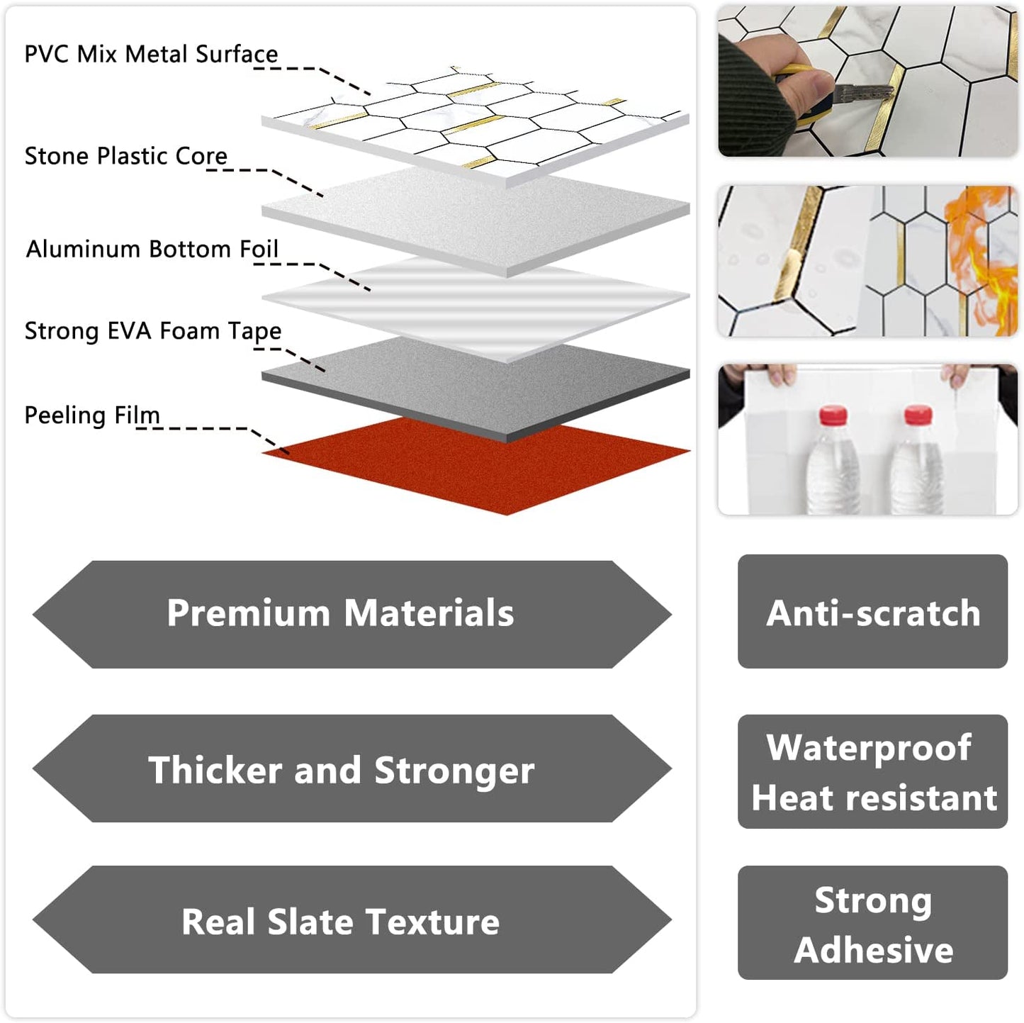 Long Hexagon PVC Mixed Metal Mosaic Tiles - Statuary Marble Look with Gold Metal