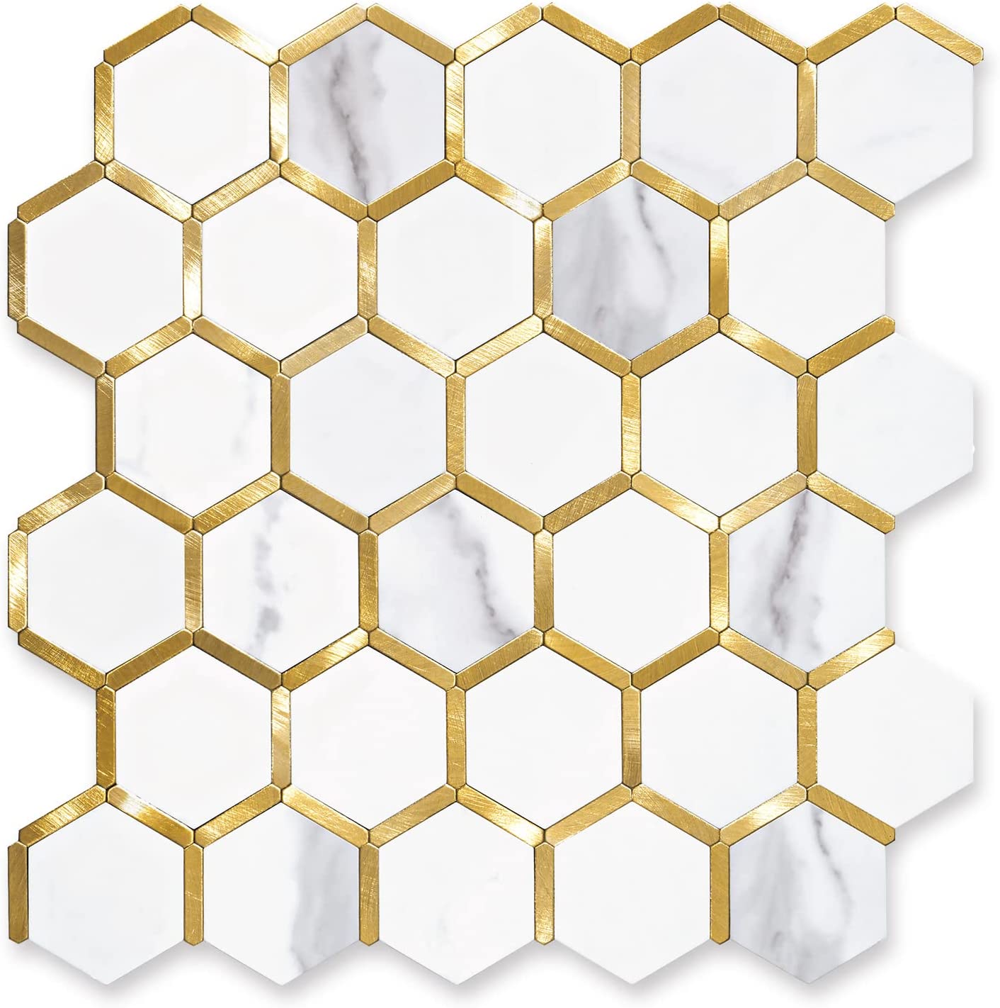 Hexagon Faux Stone Mixed Metal - White Marble with Metal Gold