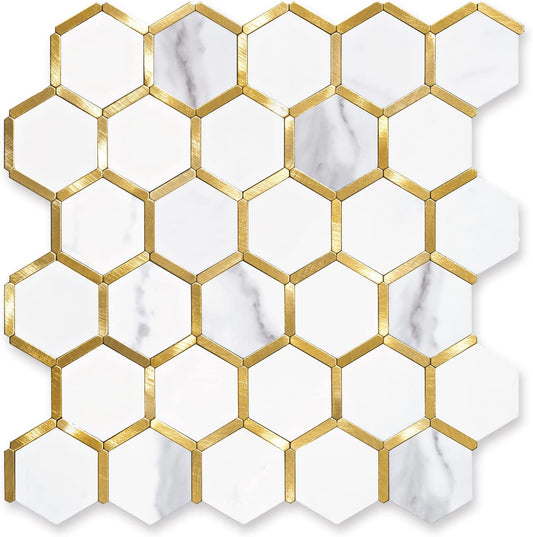 Hexagon Faux Stone Mixed Metal - White Marble with Metal Gold