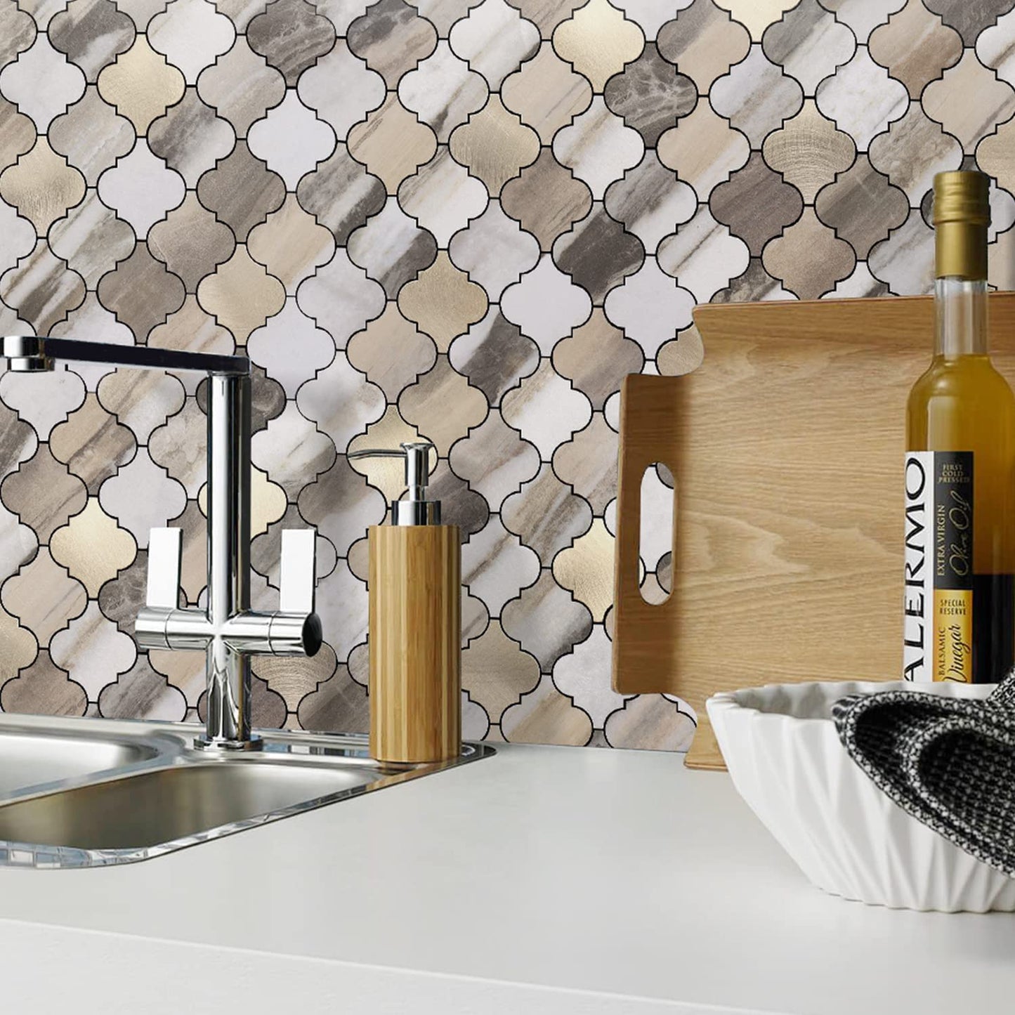 Arabesque Peel and Stick Tiles - Gold Wood Grain Marble