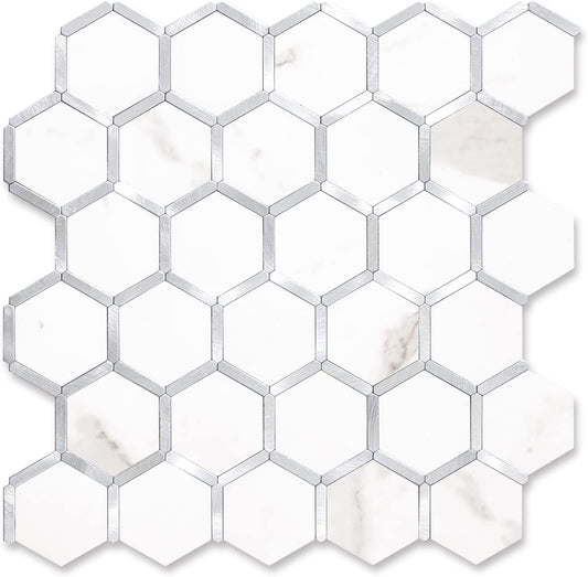 Hexagon Faux Stone Mixed Metal - Staturio White Marble With Metal Silver