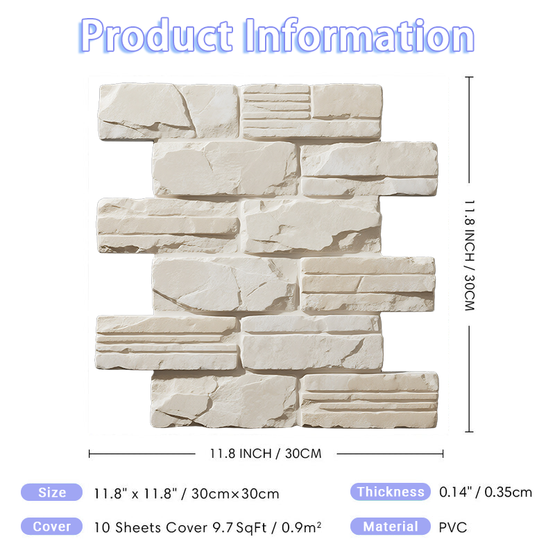 3D Embossed White & Cream Tone Stone Peel and Stick Wall Tile