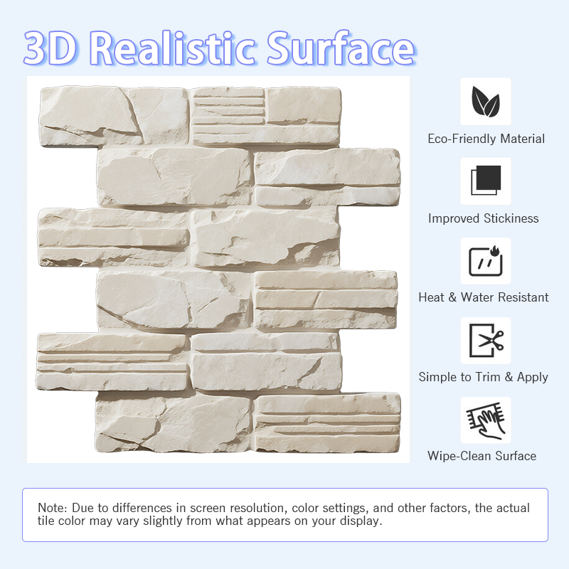 3D Embossed White & Cream Tone Stone Peel and Stick Wall Tile