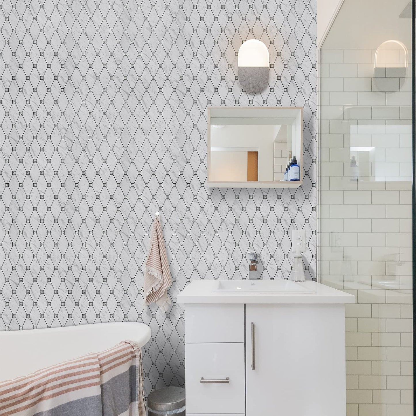 PVC Mixed Glass Mosaic Tile Backsplash - Carrara White