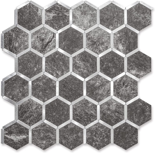 Hexagon Faux Stone Mixed Metal - Black Slate with Metal Silver