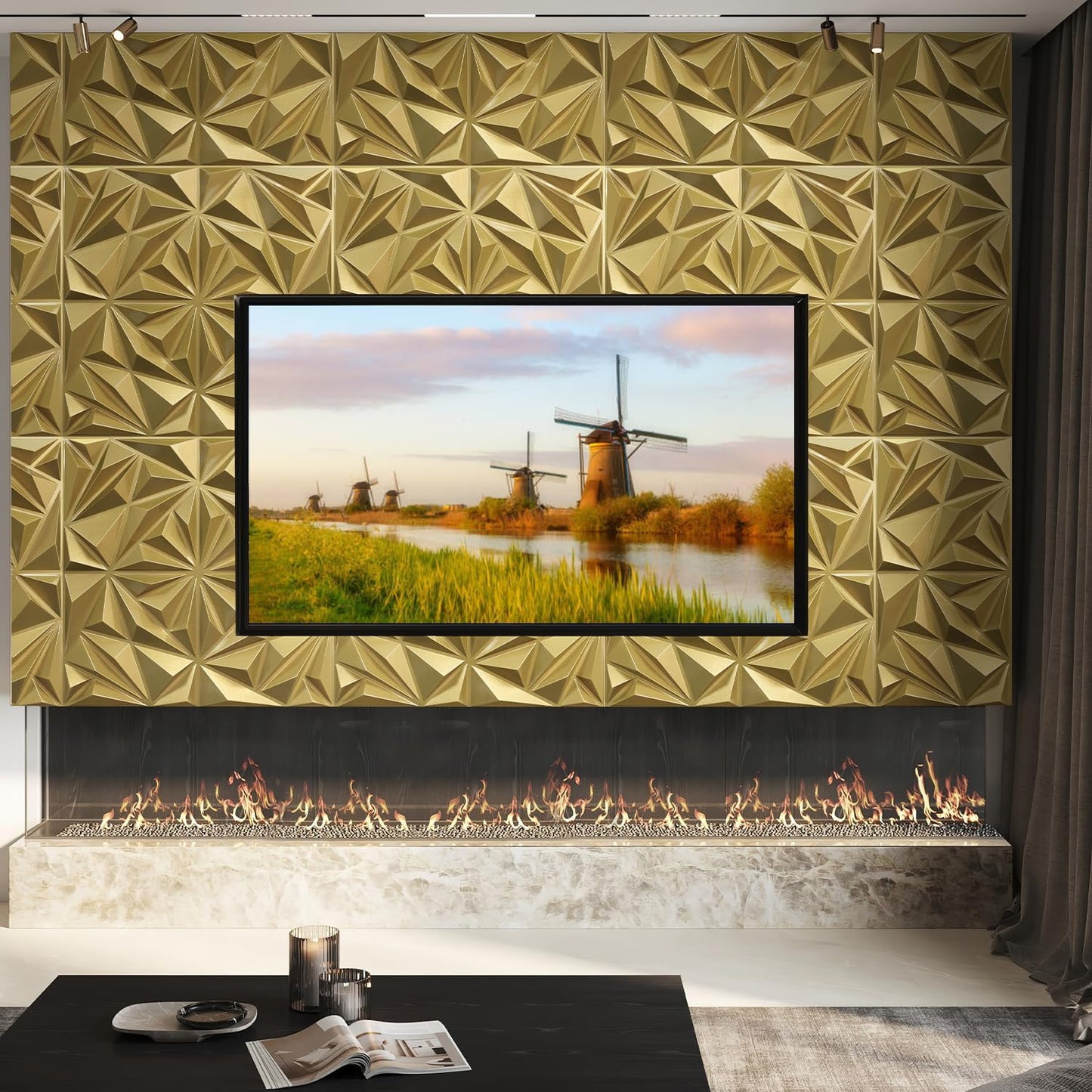 Triangle Diamond Design 3D PVC Wall Panels - Brushed Gold