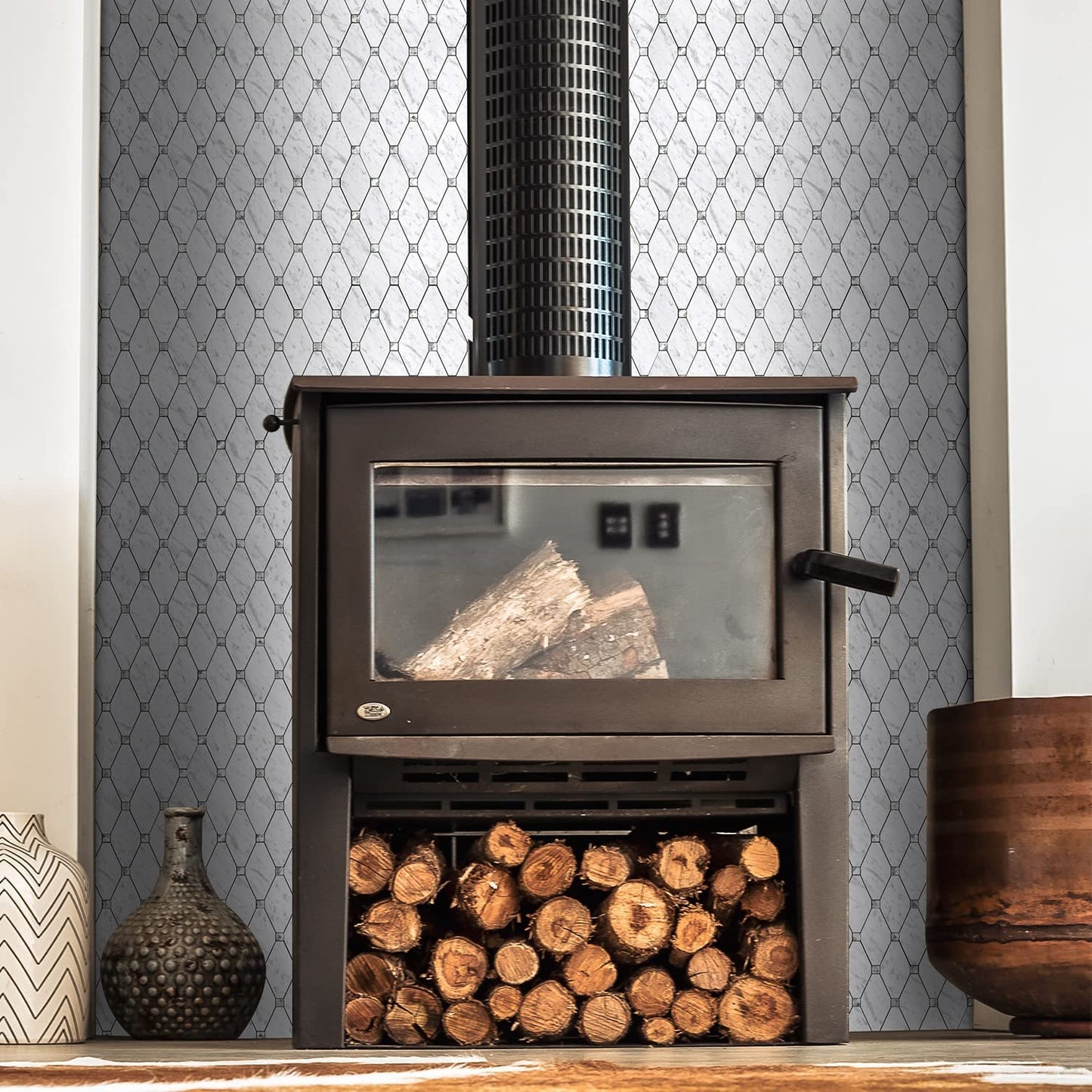 PVC Mixed Glass Mosaic Tile Backsplash - Carrara White