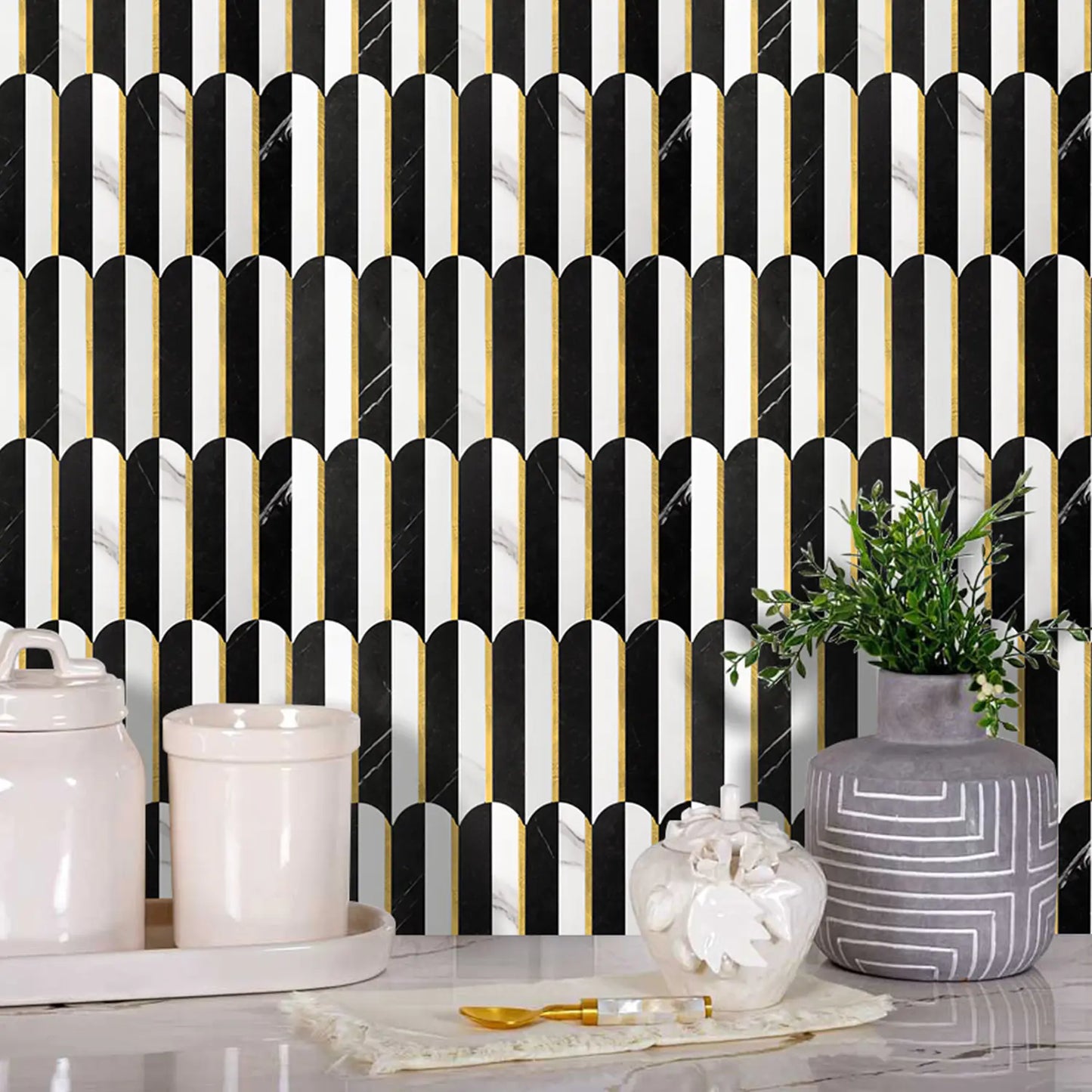 Oval PVC Mixed Metal Mosaic Tile - Black & White Marble With Gold