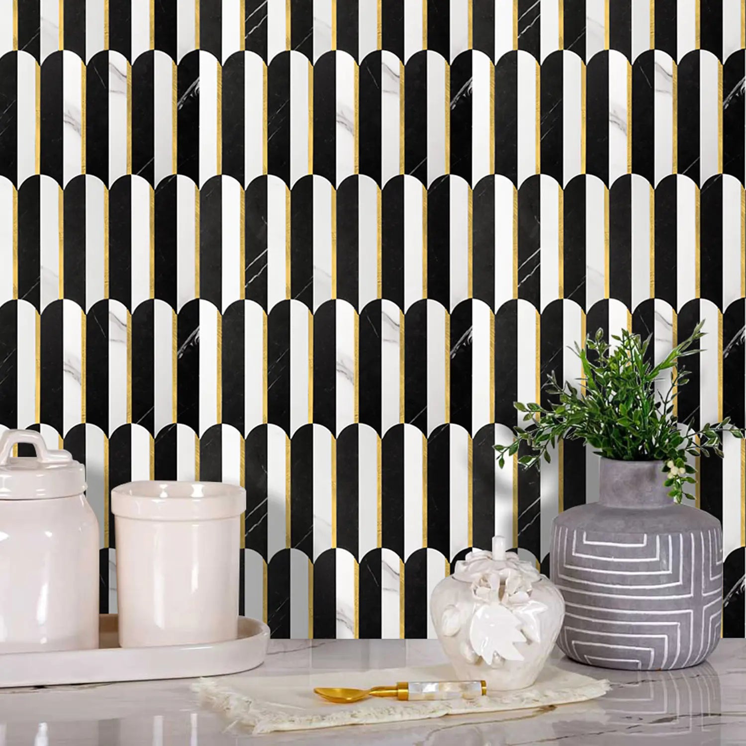 Oval PVC Mixed Metal Mosaic Tile - Black & White Marble With Gold