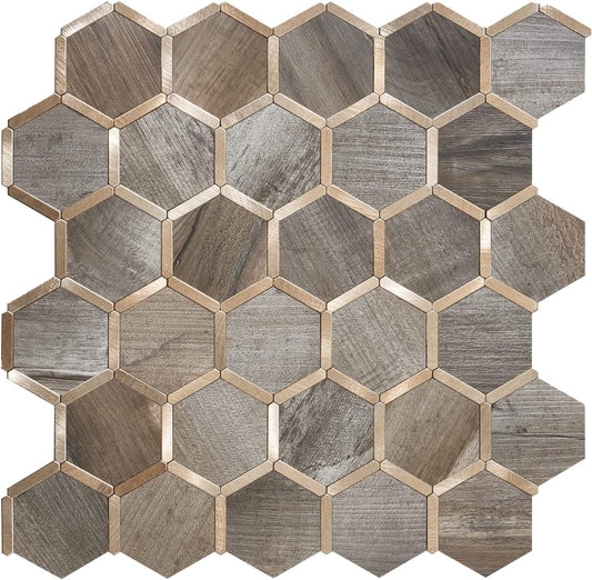 Hexagon Faux Stone Mixed Metal - Wood Texture with Metal Gold