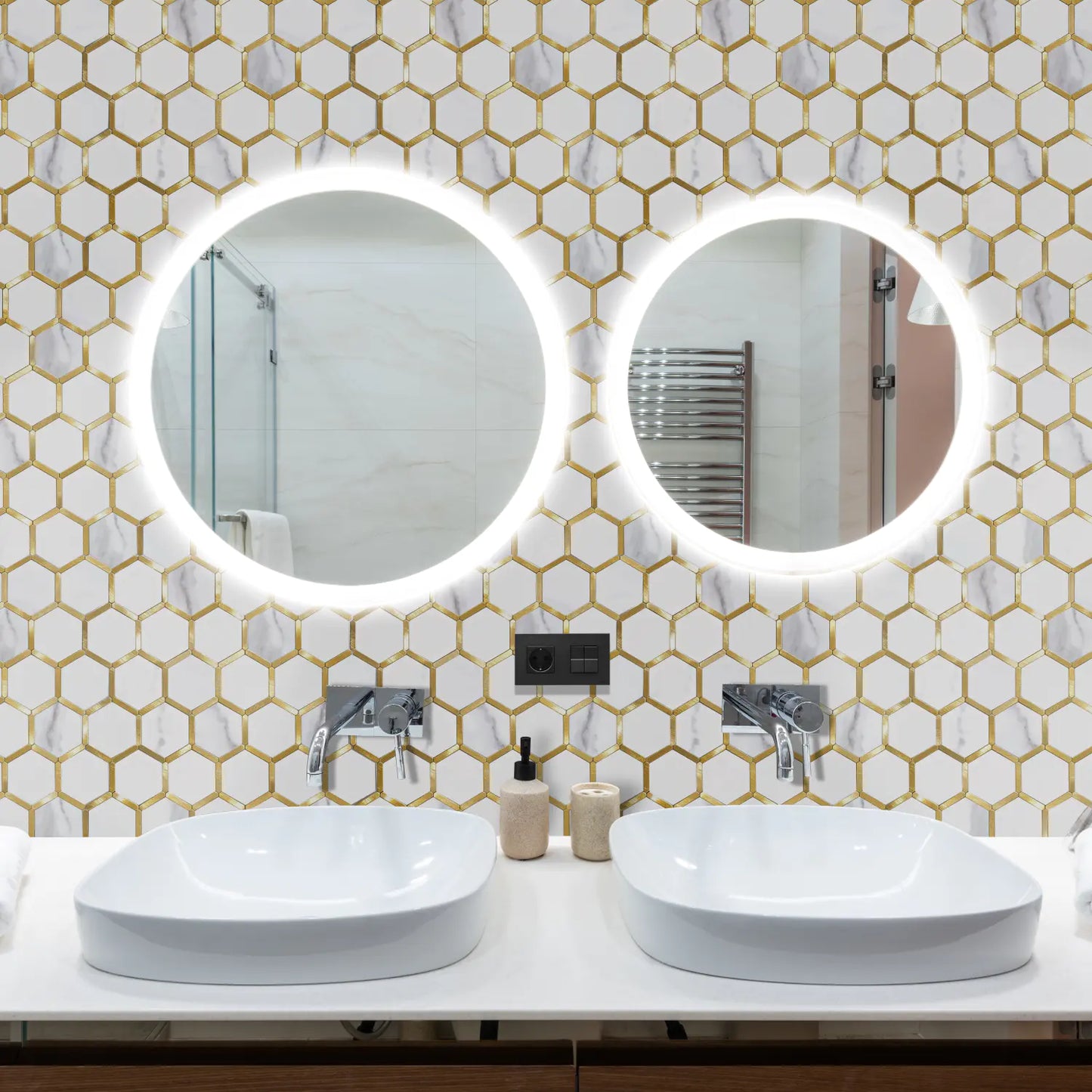 Hexagon Faux Stone Mixed Metal - White Marble with Metal Gold