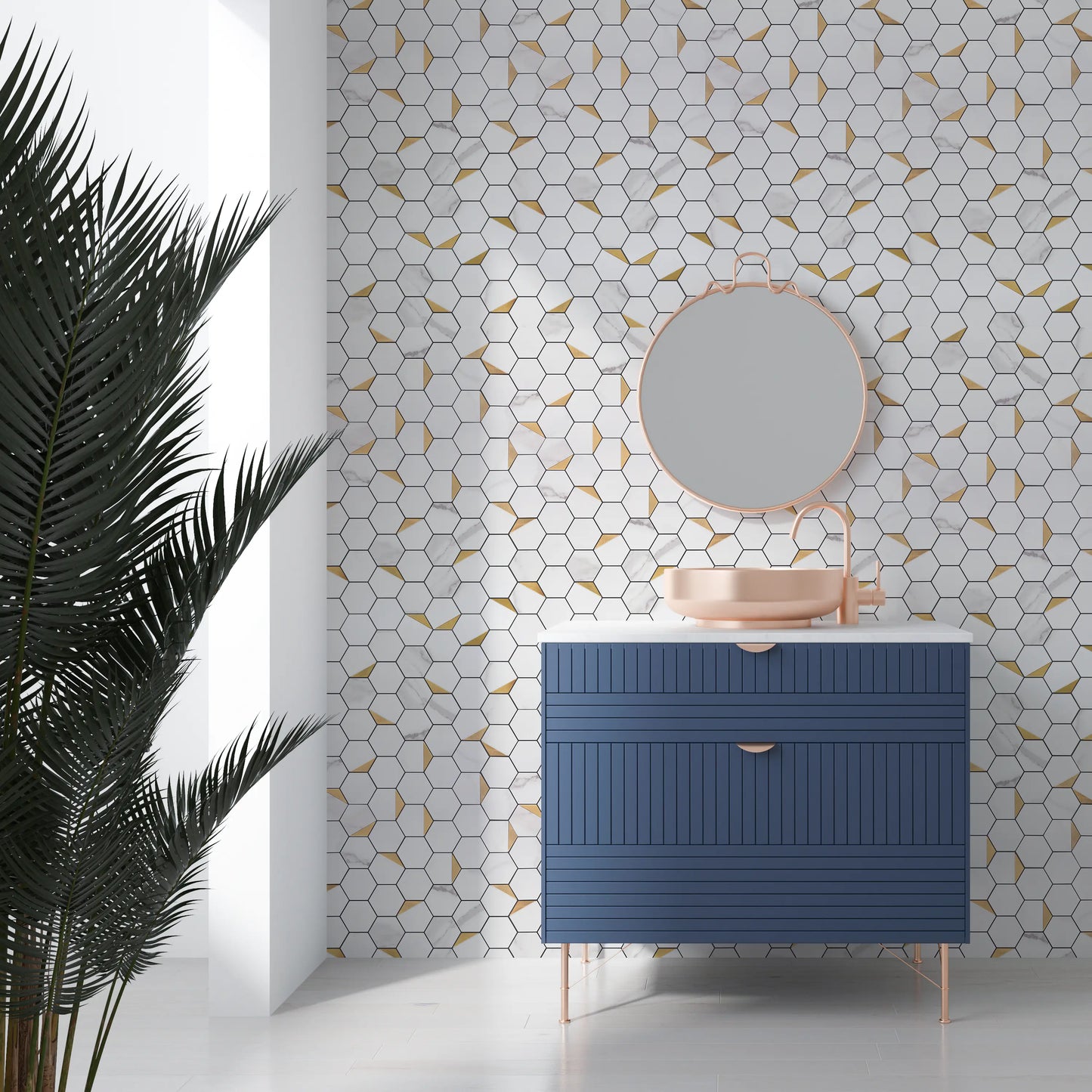 Hexagon PVC Mixed Metal Mosaic Tiles - White Marble with Metal Gold