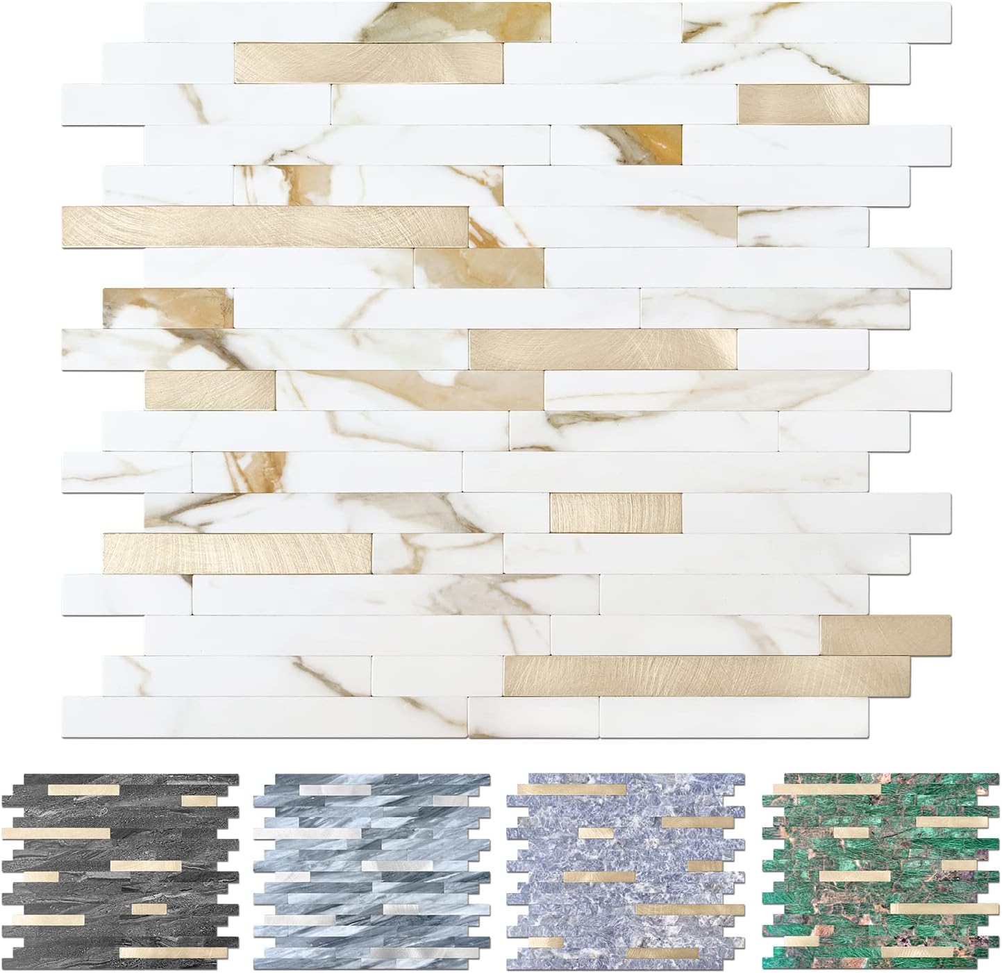 STICKGOO 10 Sheets Peel and Stick Backsplash Tile for Kitchen/Bathroom/Laundry Room/Fireplace/RV, Marble Calacata with Metal Gold