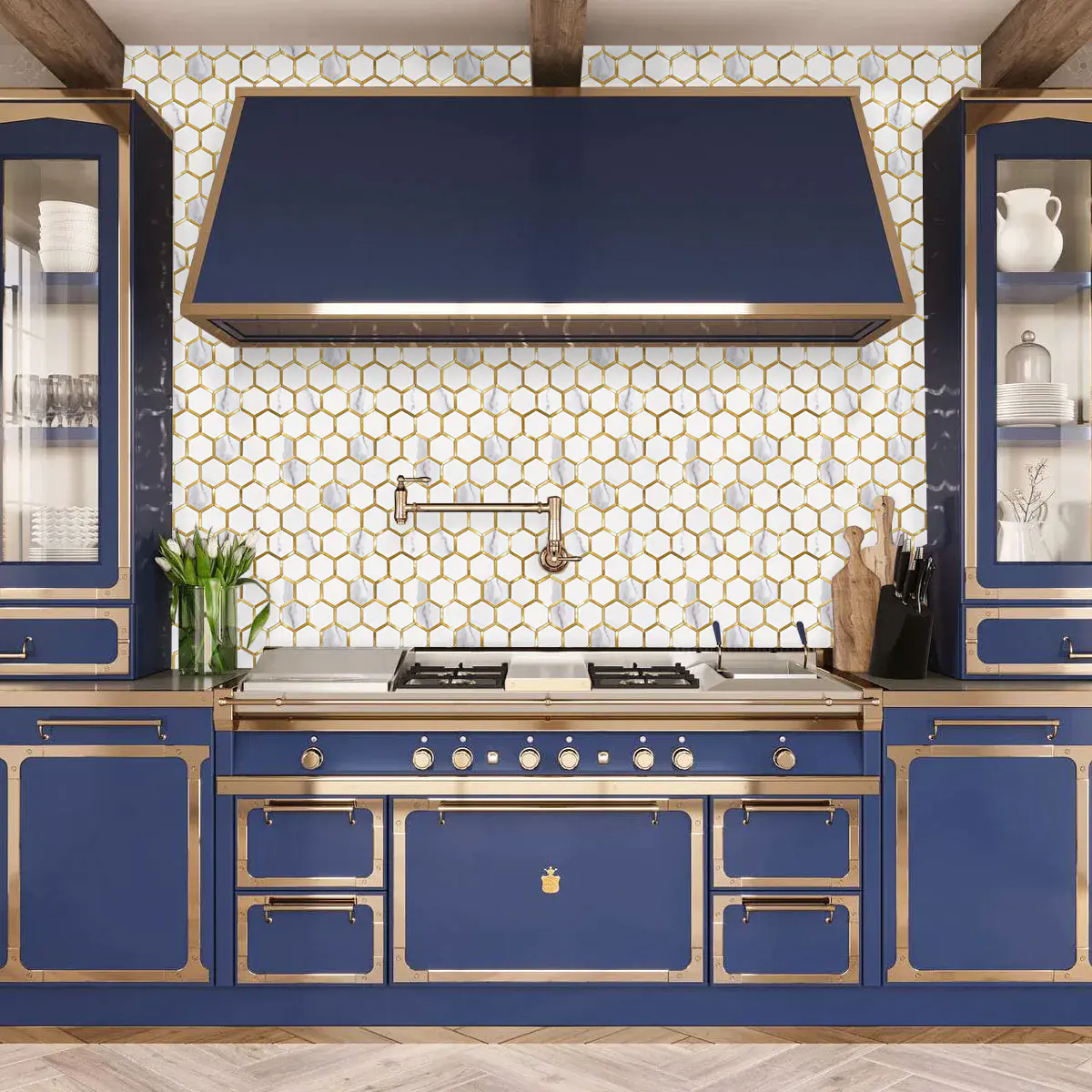 Hexagon Faux Stone Mixed Metal - White Marble with Metal Gold