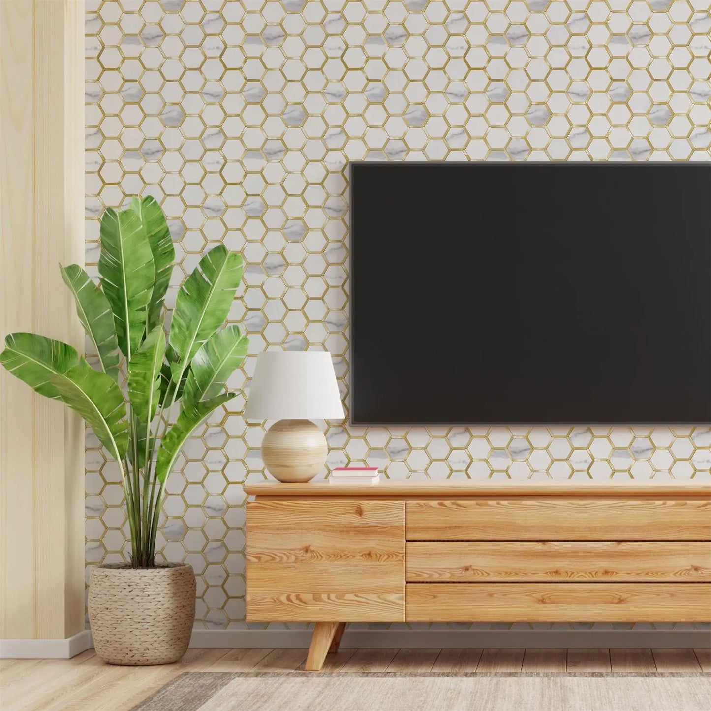 Hexagon Faux Stone Mixed Metal - White Marble with Metal Gold