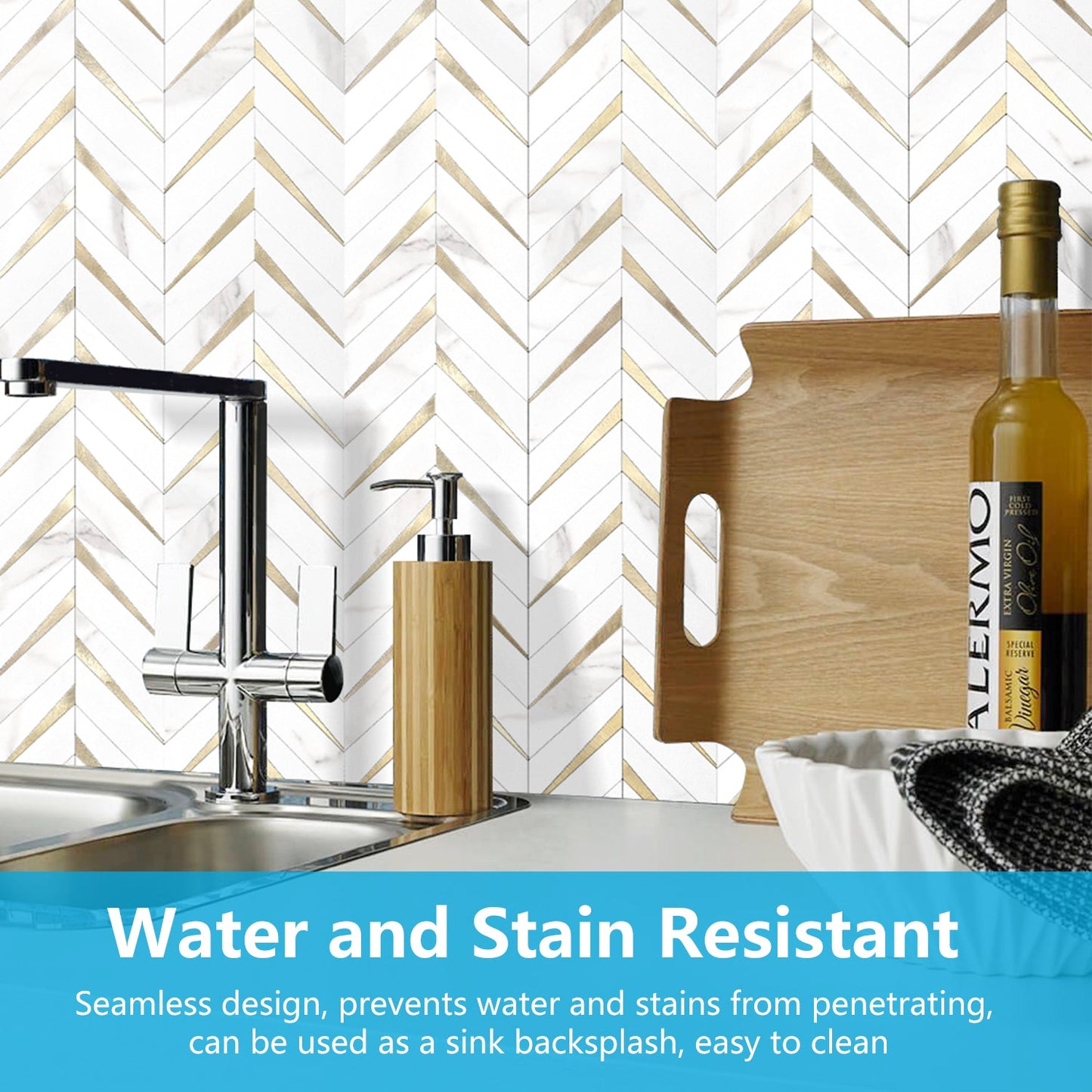 Herringbone Wall Tiles - White Marble Mixed Gold