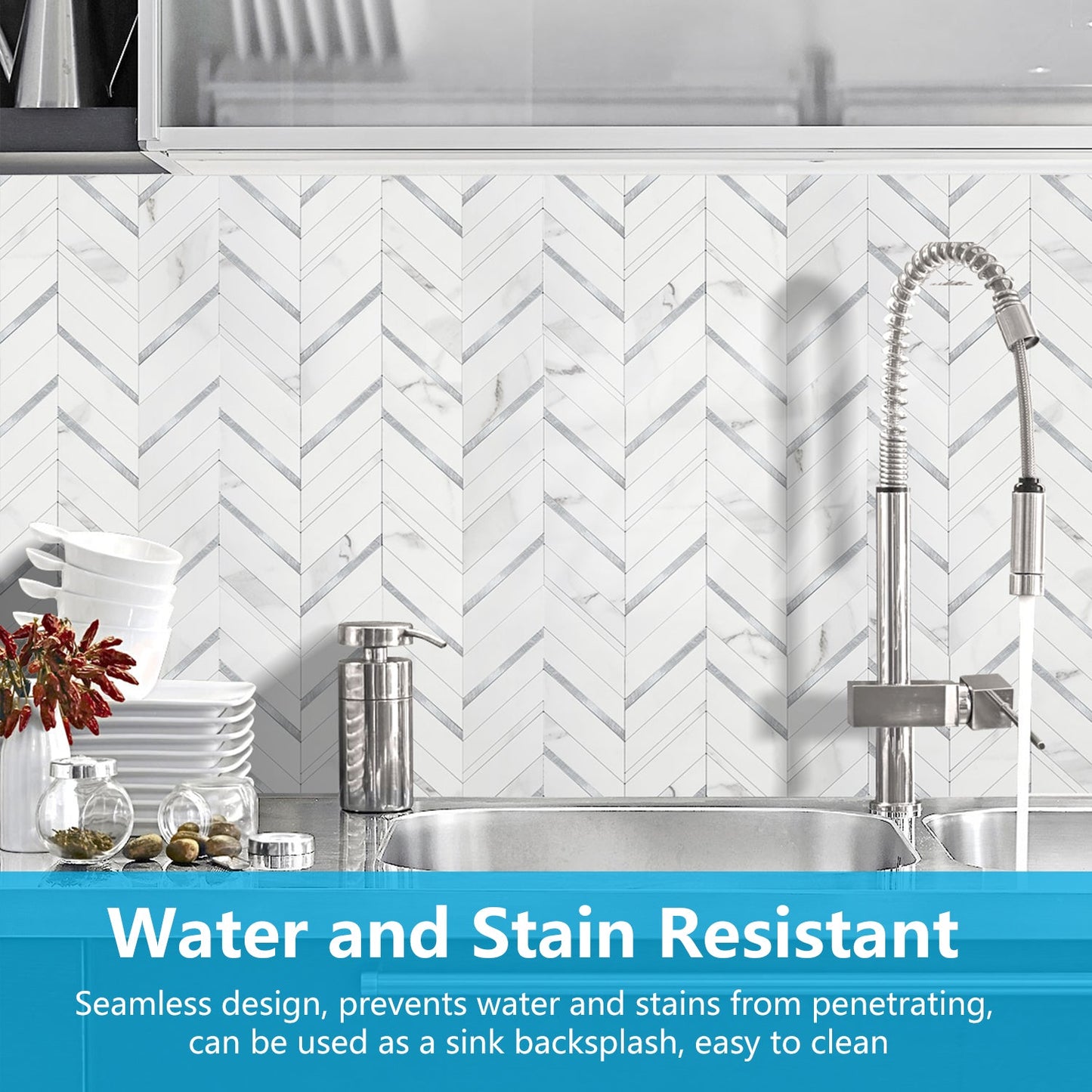 Herringbone Wall Tiles - White Marble Mixed Silver