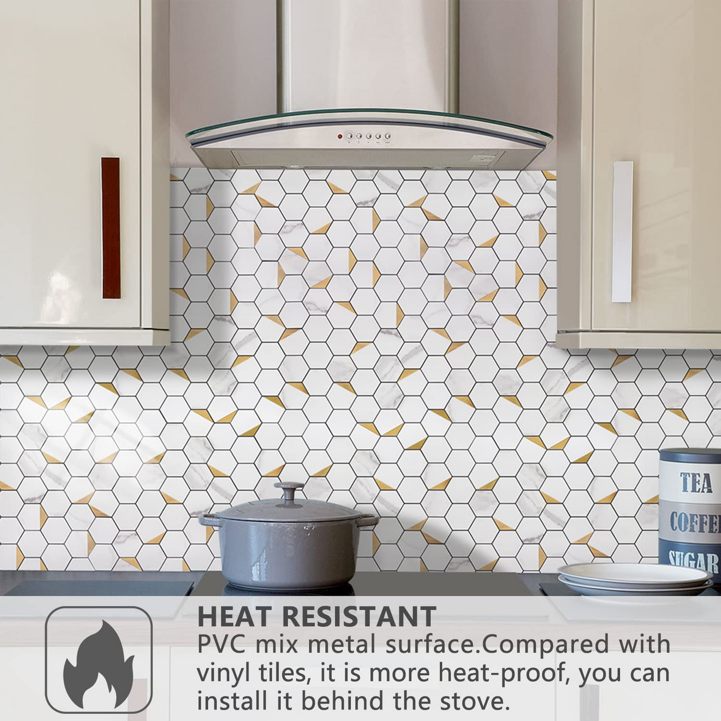 Hexagon PVC Mixed Metal Mosaic Tiles - White Marble with Metal Gold
