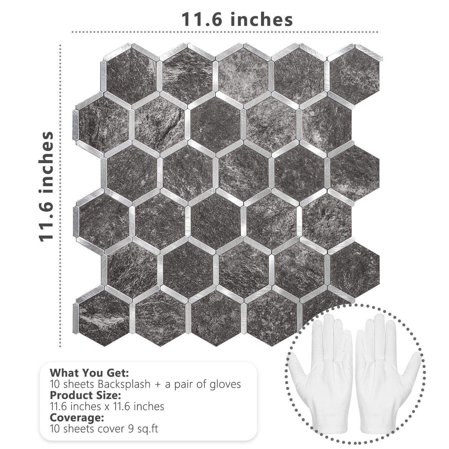 Hexagon Faux Stone Mixed Metal - Black Slate with Metal Silver