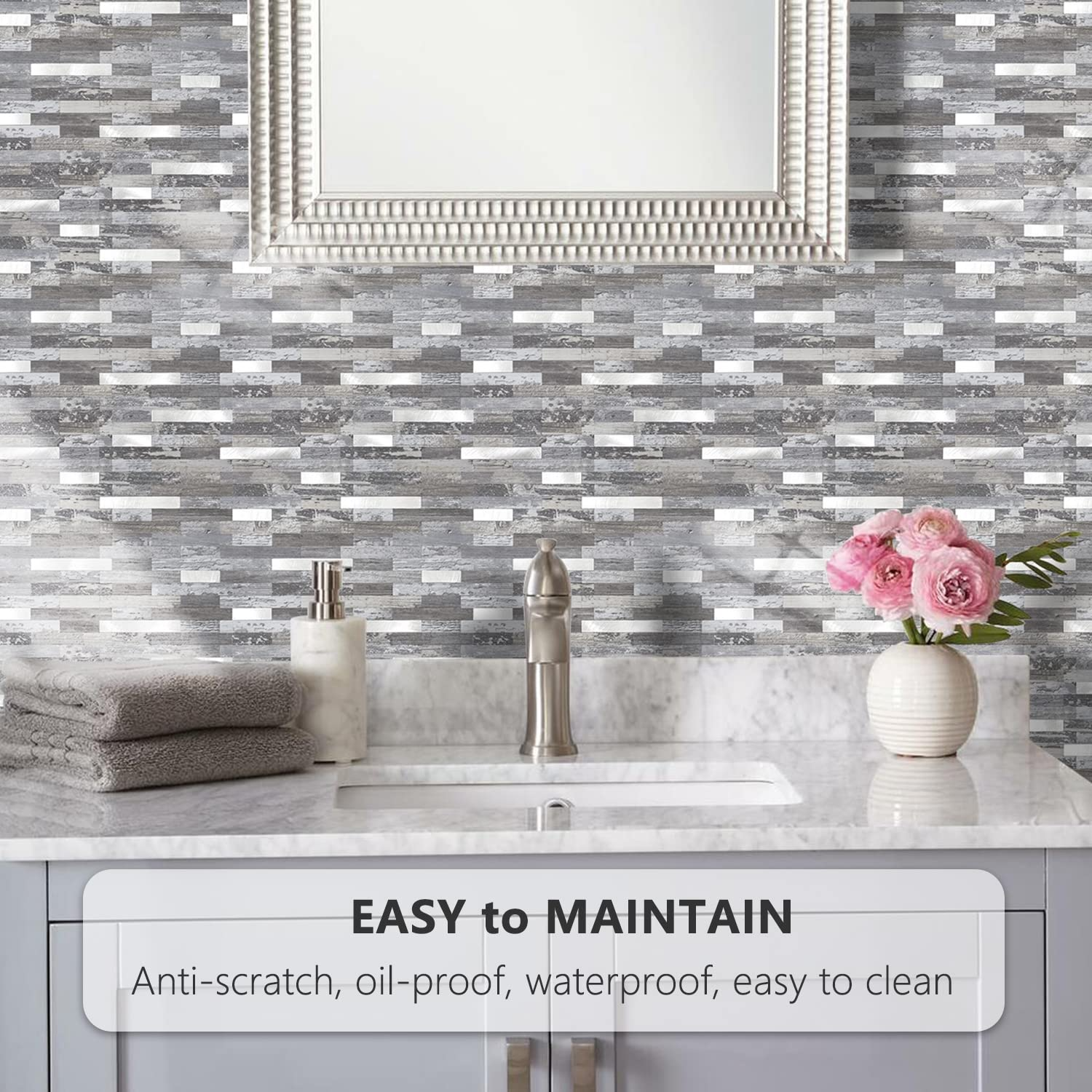 Faux Stone Mixed Metal Linear Blend - Distressed Wood with Metal Silver