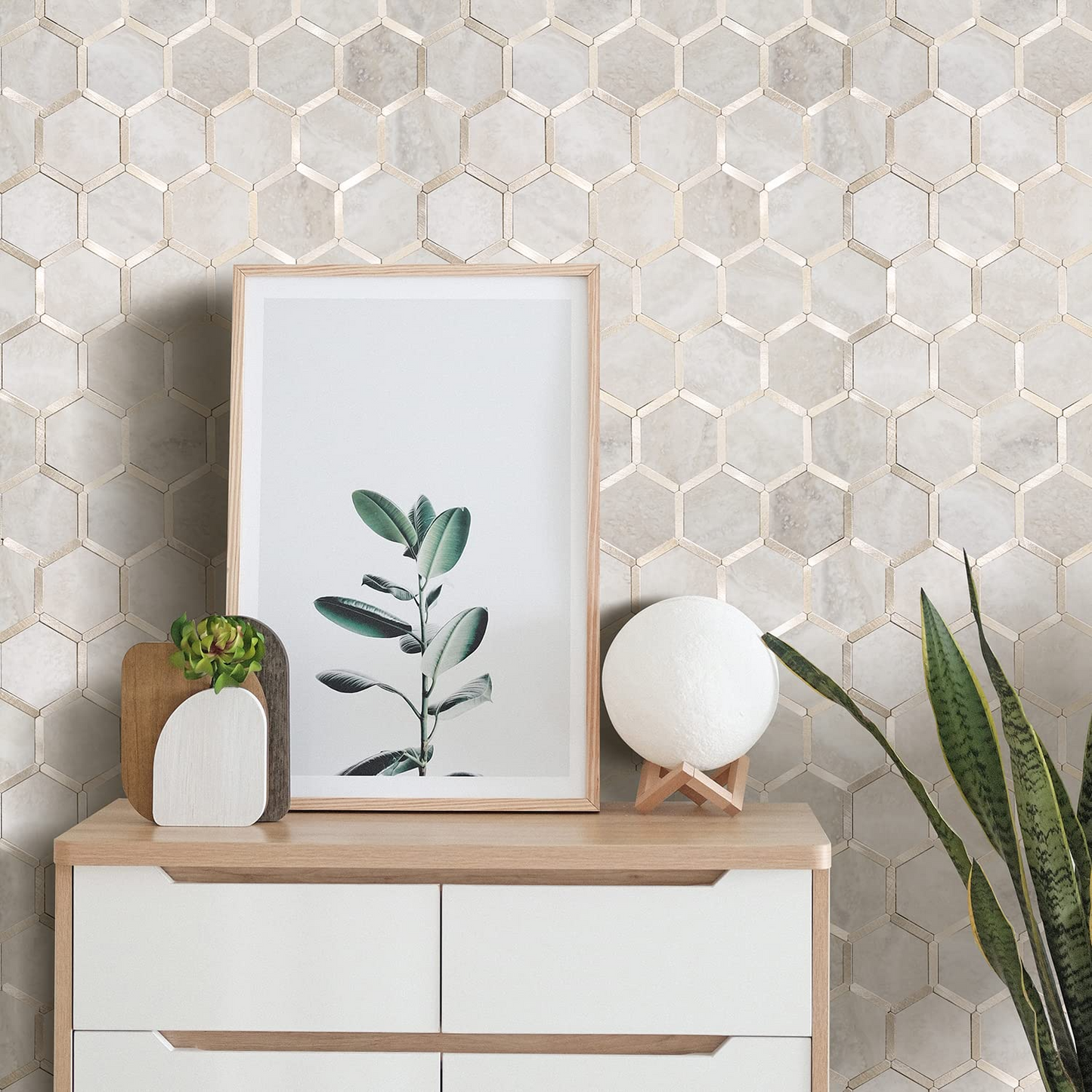 Hexagon Faux Stone Mixed Metal - Beige Marble with Metal Gold