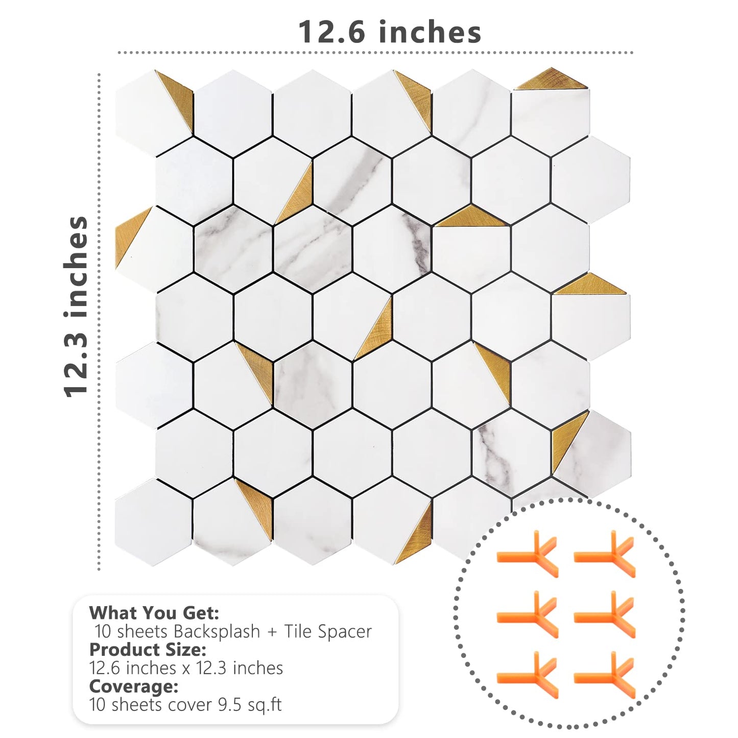 Hexagon PVC Mixed Metal Mosaic Tiles - White Marble with Metal Gold