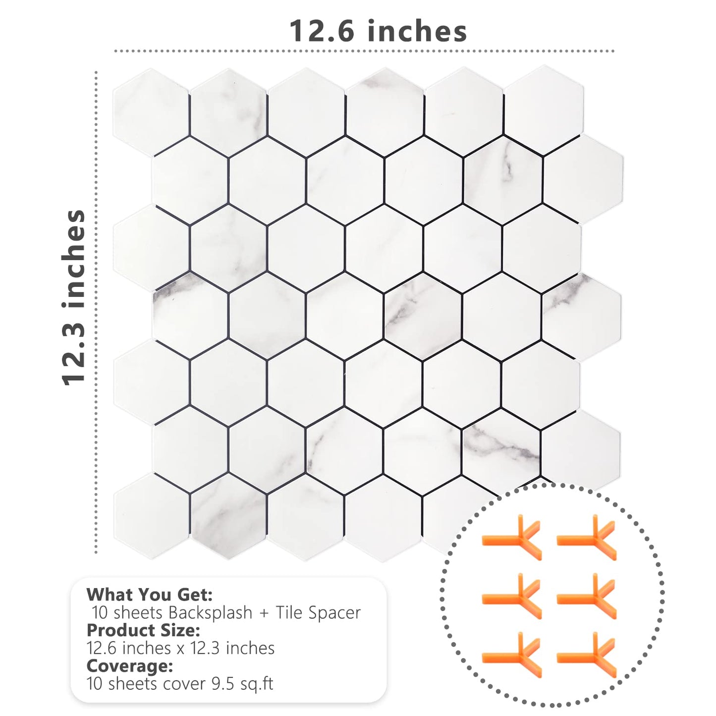 Hexagon PVC Mixed Metal Mosaic Tiles -  White Marble