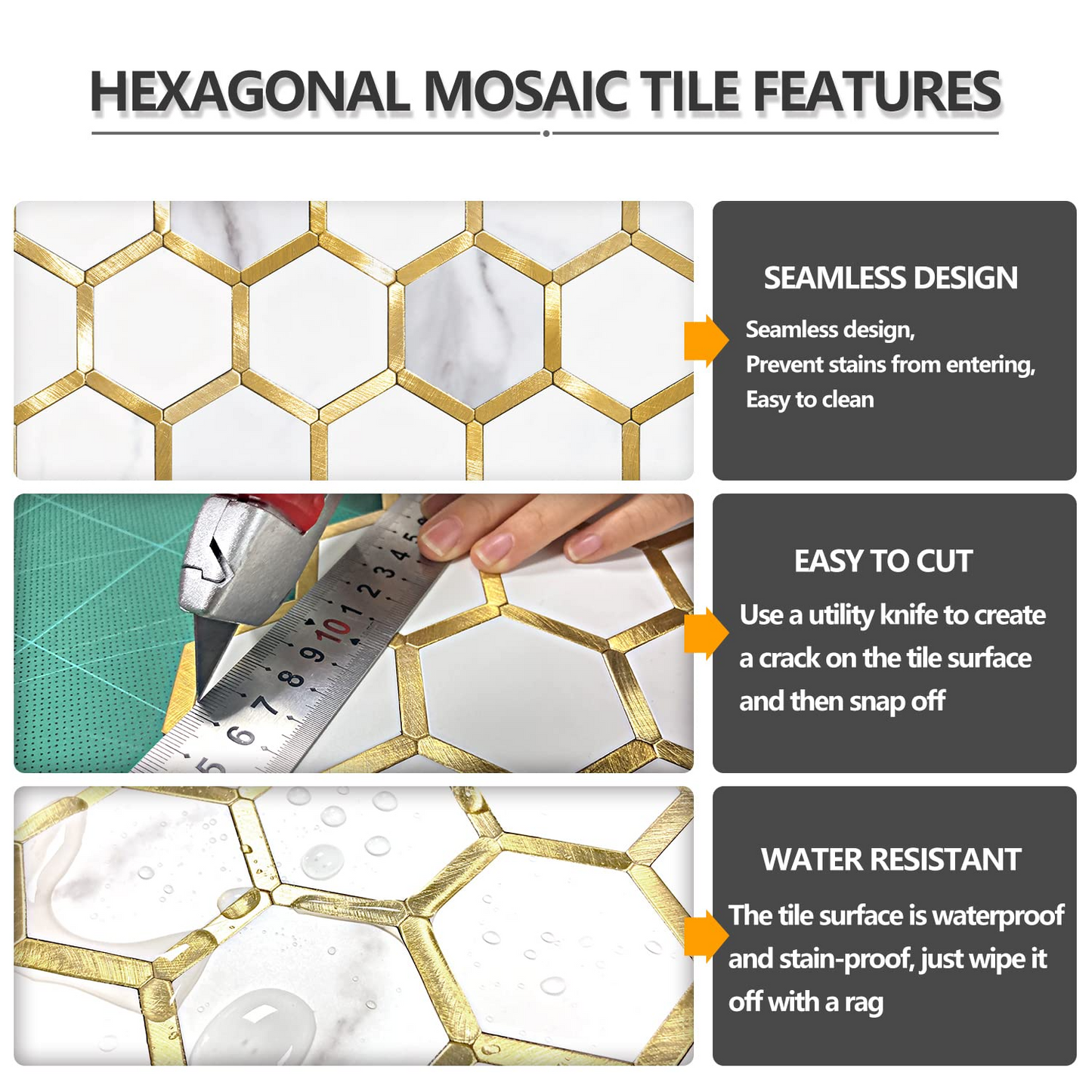 Hexagon Faux Stone Mixed Metal - White Marble with Metal Gold