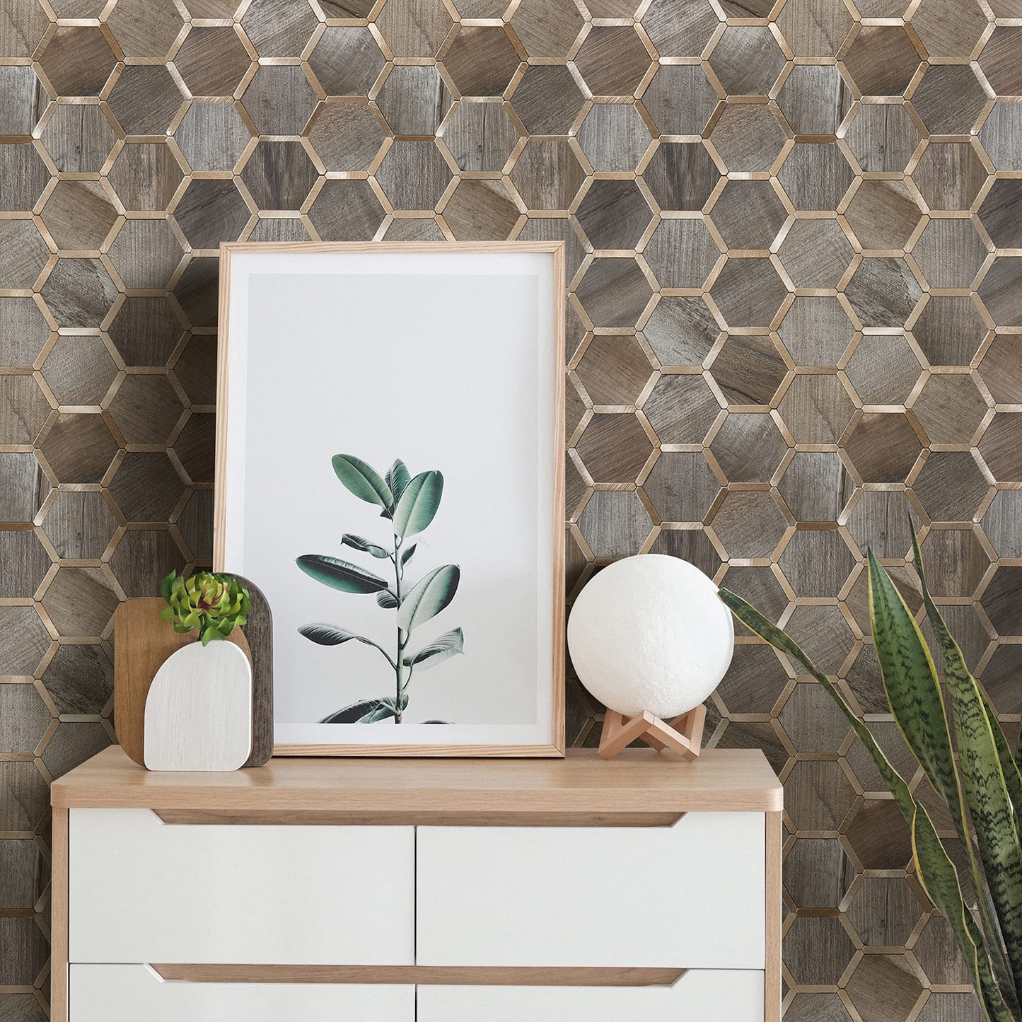 Hexagon Faux Stone Mixed Metal - Wood Texture with Metal Gold