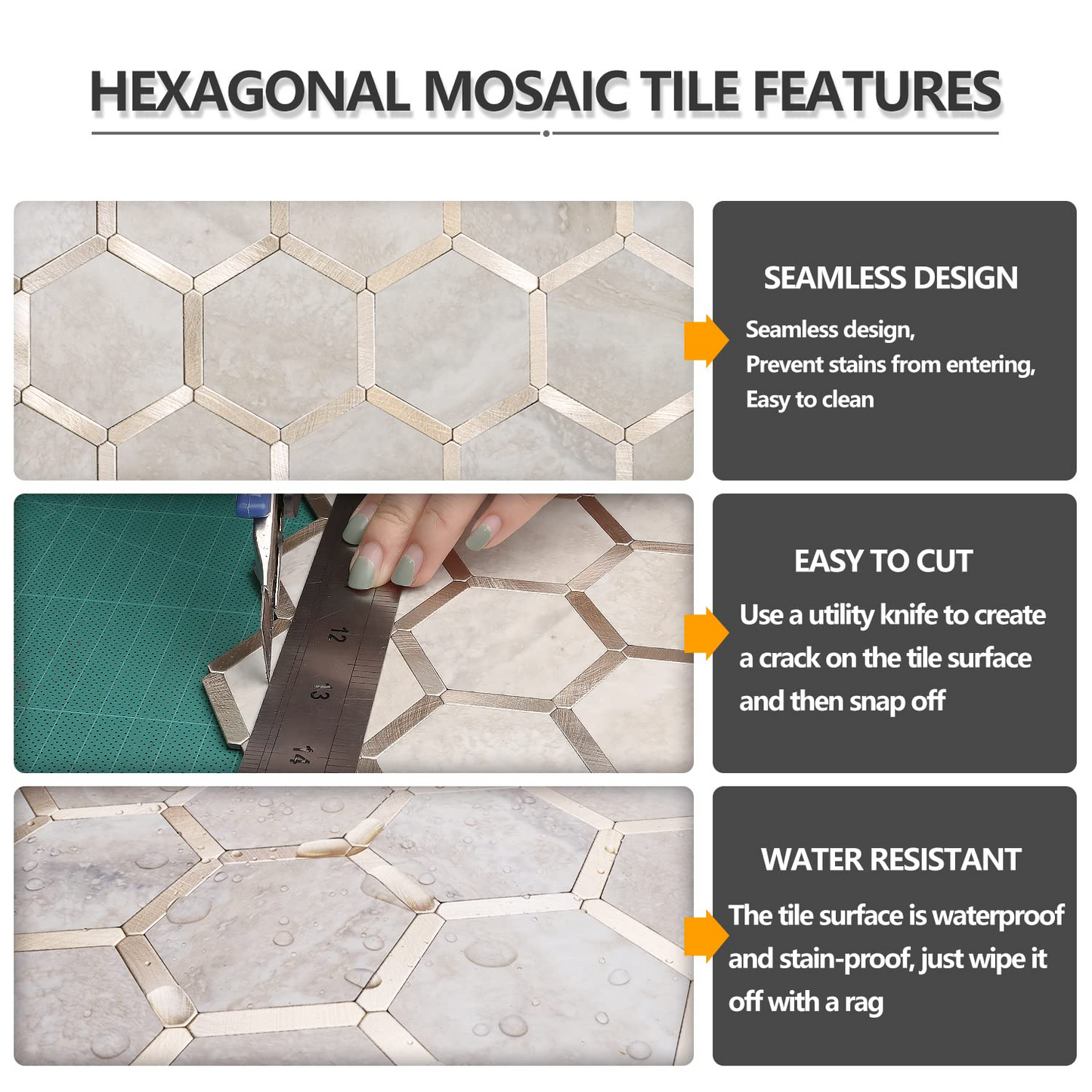 Hexagon Faux Stone Mixed Metal - Beige Marble with Metal Gold