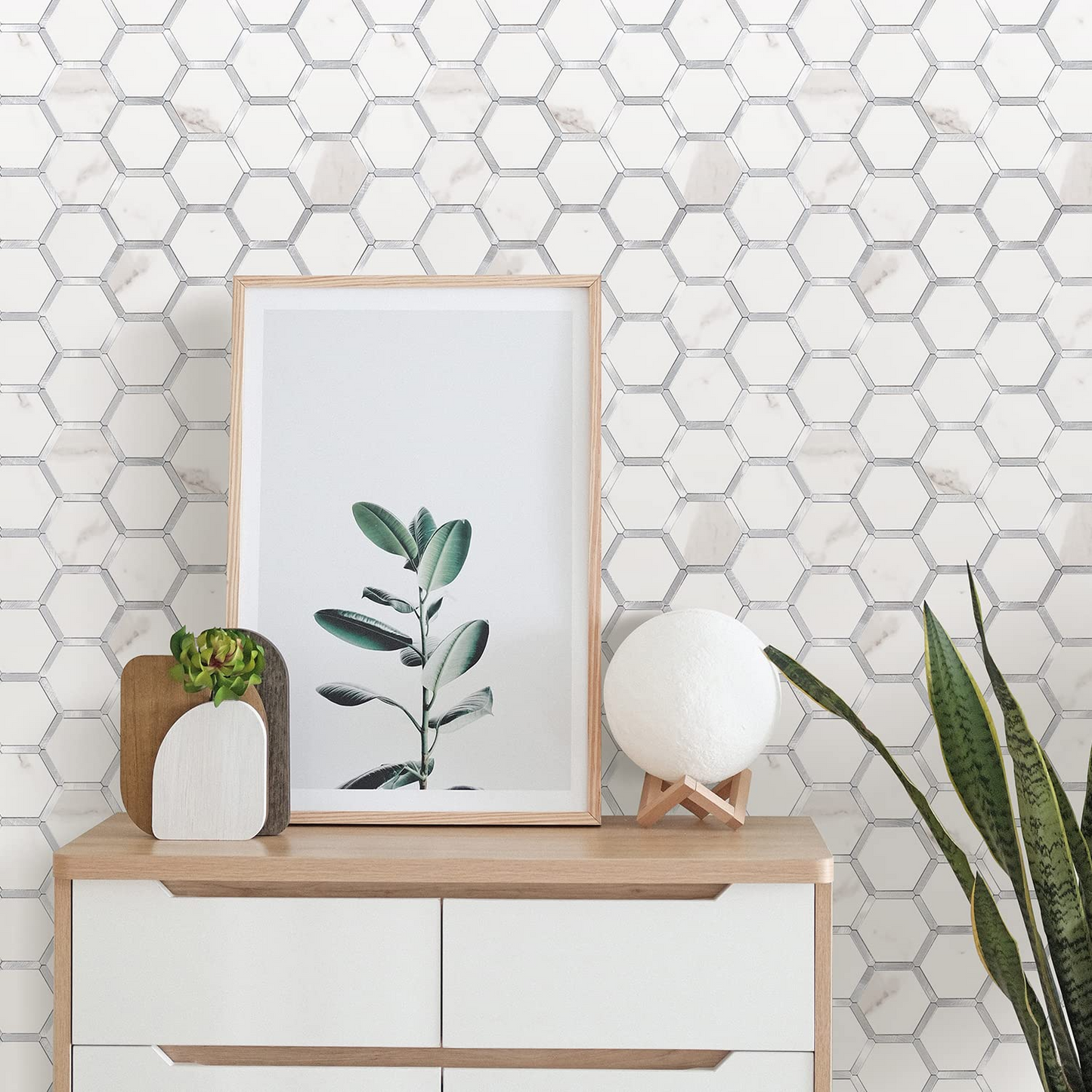 Hexagon Faux Stone Mixed Metal - Staturio White Marble With Metal Silver