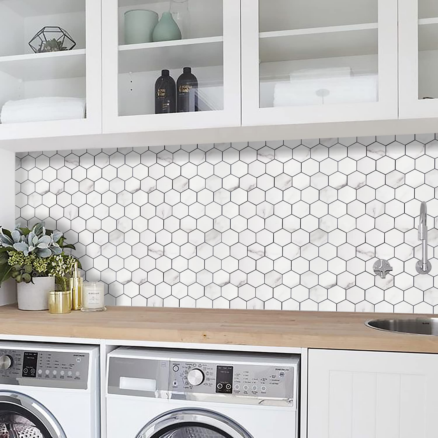 Hexagon PVC Mixed Metal Mosaic Tiles -  White Marble