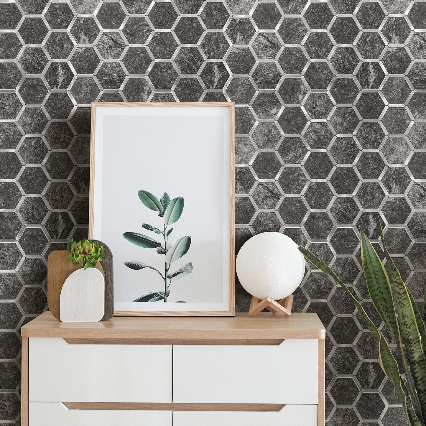 Hexagon Faux Stone Mixed Metal - Black Slate with Metal Silver