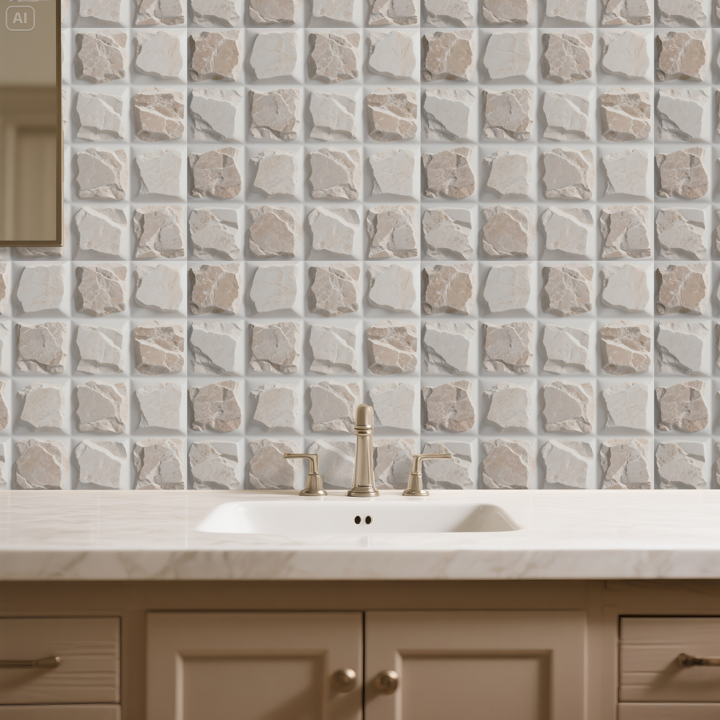 3D White and Brown Square Quartz Peel and Stick Wall Tile